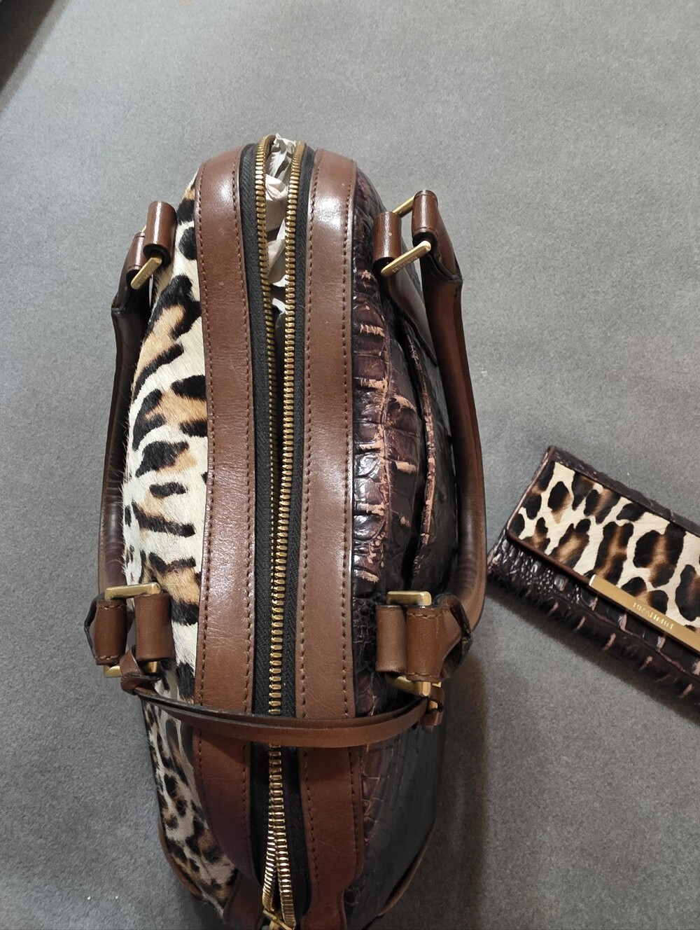 Brahmin Leopard Haircalf Satchel with Matching Wallet in Brown and Cream - Picture 3 of 12